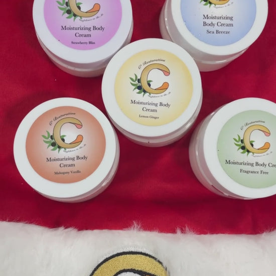 5 one oz body creams in the scents: strawberry bliss, sea breeze, lemon ginger, mahogany vanilla and fragrance free