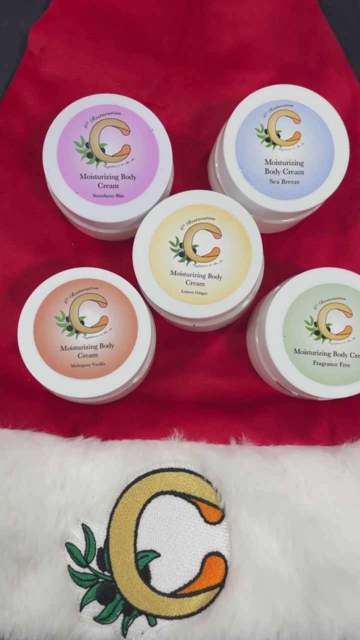 5 one oz body creams in the scents: strawberry bliss, sea breeze, lemon ginger, mahogany vanilla and fragrance free